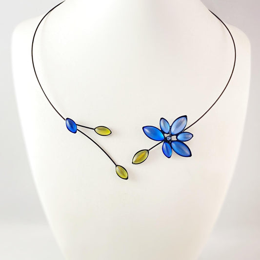 Black Memory Wire Flower Necklace with Handmade Glass Beads, Hypoallergenic, Blue/Chartreuse - Kristina