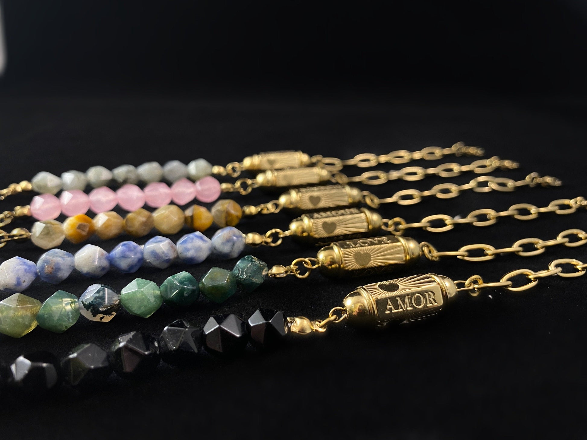 Black Natural Stone Bracelet with Love/Amor Calligraphy and Dainty Gold Heart Detailing