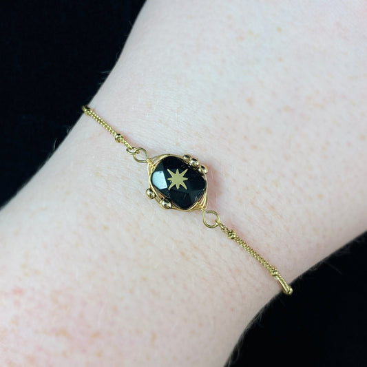 Black Oval Natural Stone Bracelet with Gold Chain Band and Wire Wrapped Setting