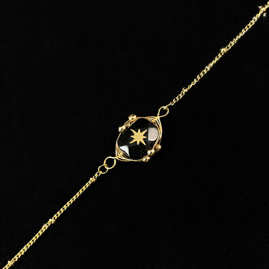 Black Oval Natural Stone Bracelet with Gold Chain Band and Wire Wrapped Setting