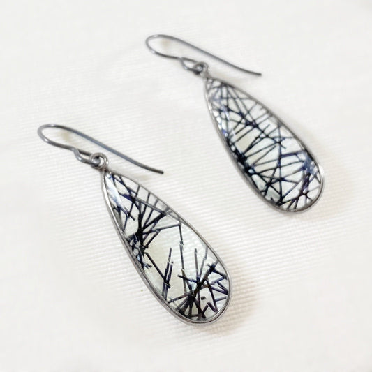 Black Tourmaline Rutilated Clear Quartz Drop Earrings - Natural Stone Jewelry Made in USA