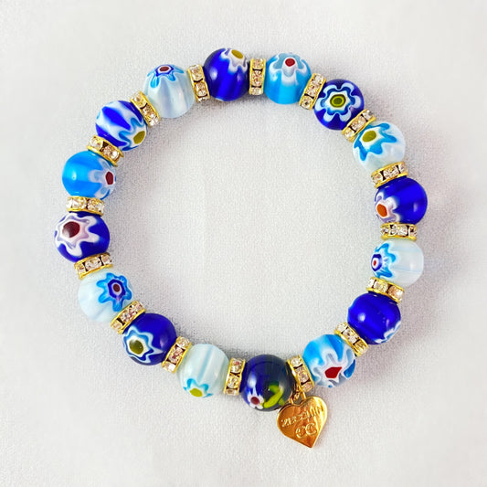 Blue Beaded Venetian Glass Bracelet, Gold - Handmade in Italy, Colorful Murano Glass