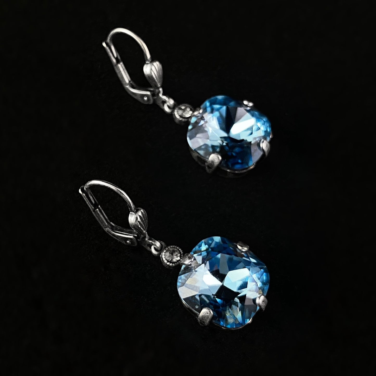 Blue Cushion Cut Swarovski Crystal Drop Earrings - La Vie Parisienne by Catherine Popesco