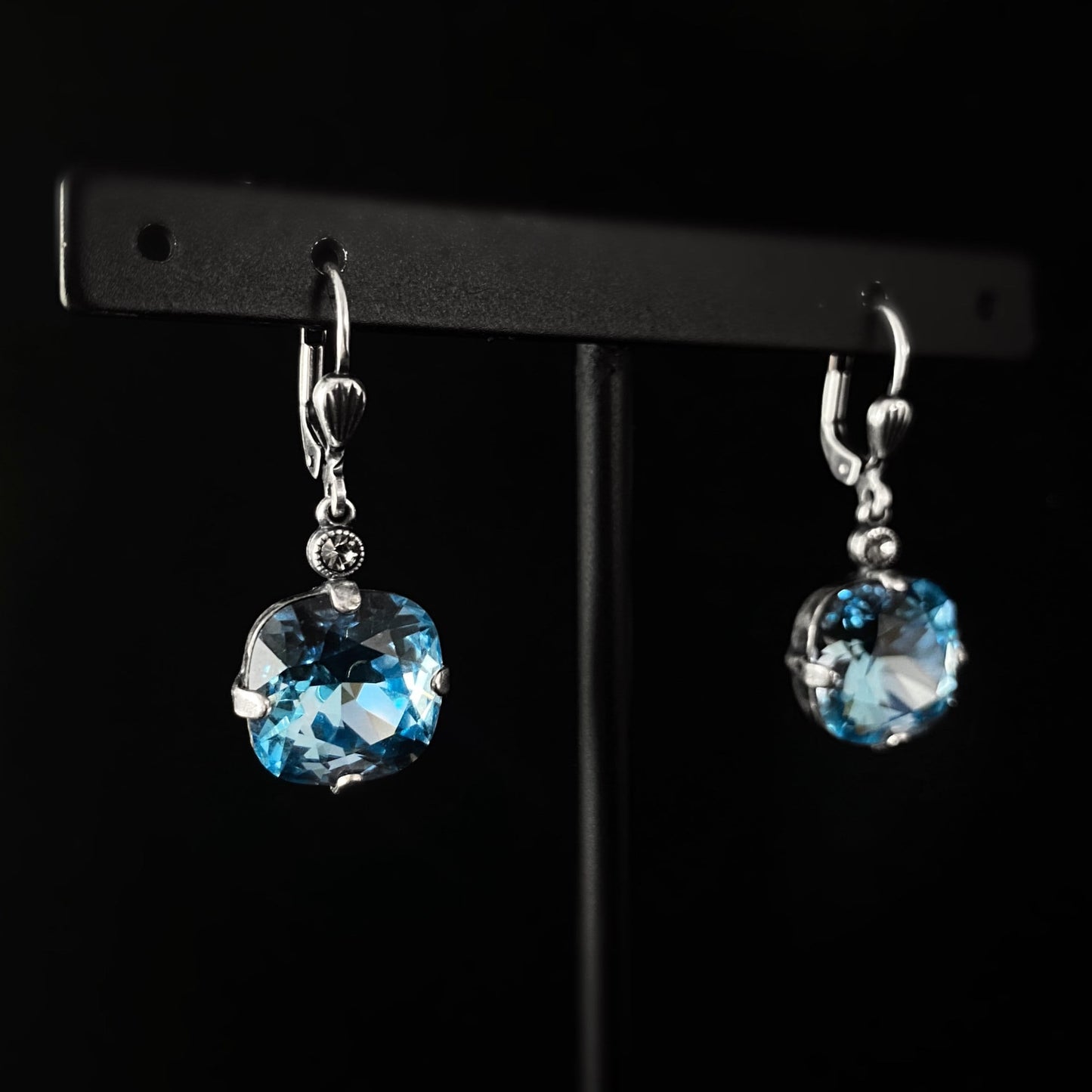 Blue Cushion Cut Swarovski Crystal Drop Earrings - La Vie Parisienne by Catherine Popesco