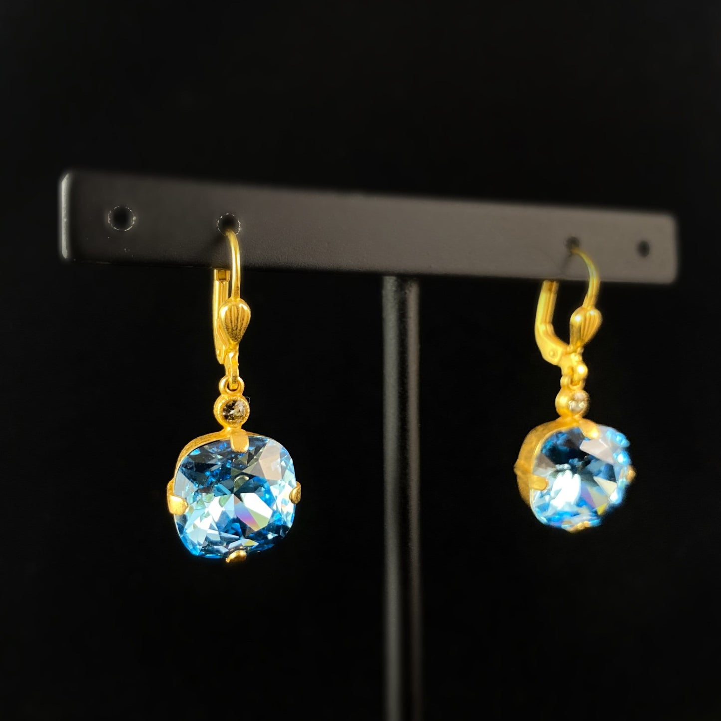 Blue Cushion Cut Swarovski Crystal Drop Earrings - La Vie Parisienne by Catherine Popesco