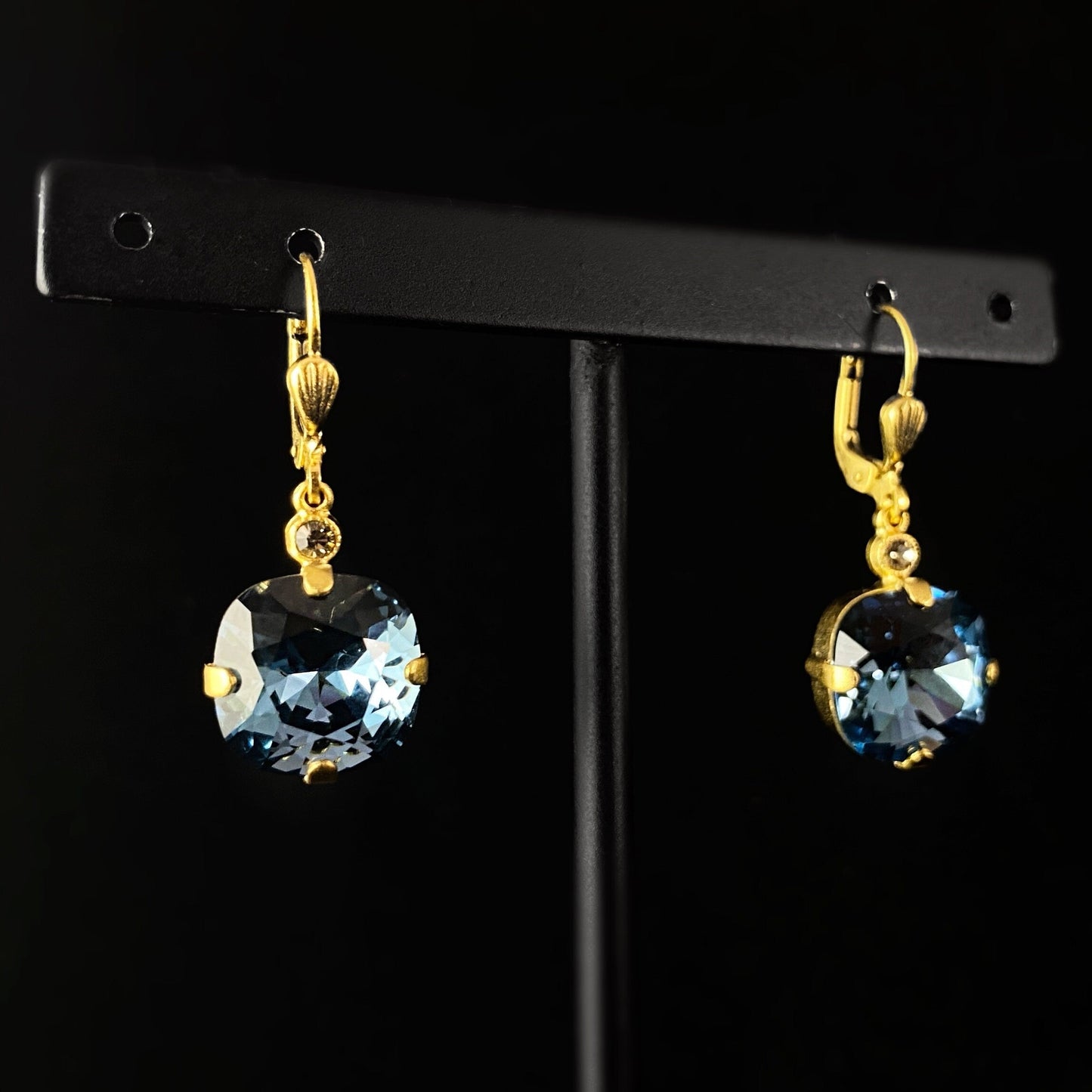 Blue Cushion Cut Swarovski Crystal Drop Earrings - La Vie Parisienne by Catherine Popesco