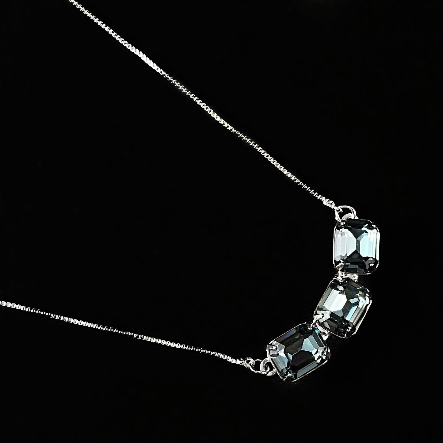 Blue Emerald Cut Crystal Adjustable Silver Triple Tennis