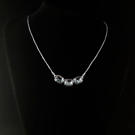 Blue Emerald Cut Crystal Adjustable Silver Triple Tennis