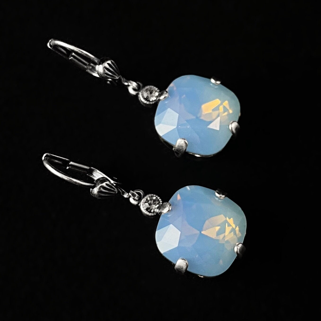 Blue Opal Cushion Cut Swarovski Crystal Drop Earrings - La Vie Parisienne by Catherine Popesco