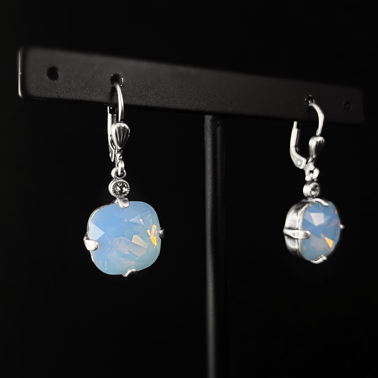 Blue Opal Cushion Cut Swarovski Crystal Drop Earrings - La Vie Parisienne by Catherine Popesco