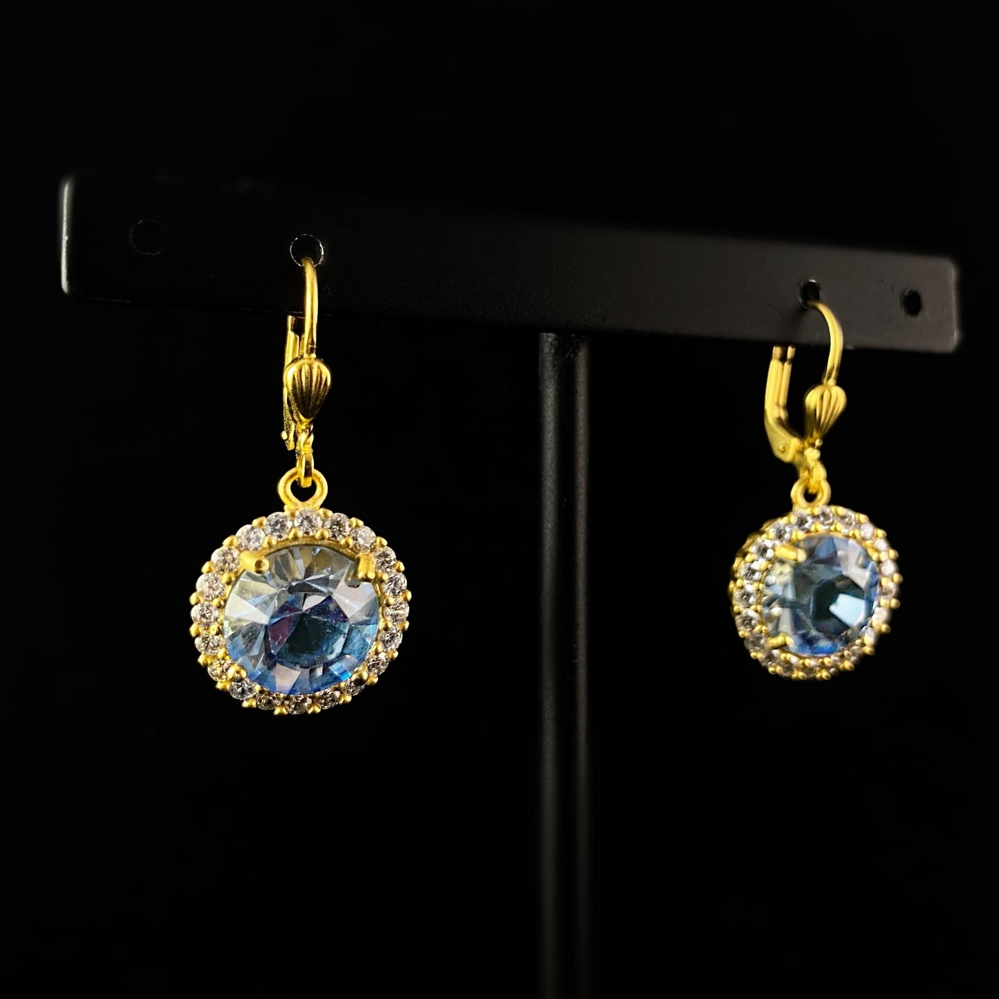 Blue Round Cut Swarovski Crystal Drop Earrings with Tiny Crystal Border - La Vie Parisienne by Catherine Popesco