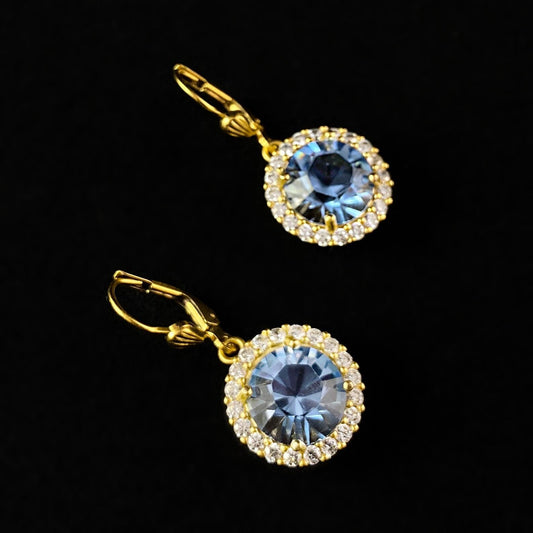 Blue Round Cut Swarovski Crystal Drop Earrings with Tiny Crystal Border - La Vie Parisienne by Catherine Popesco