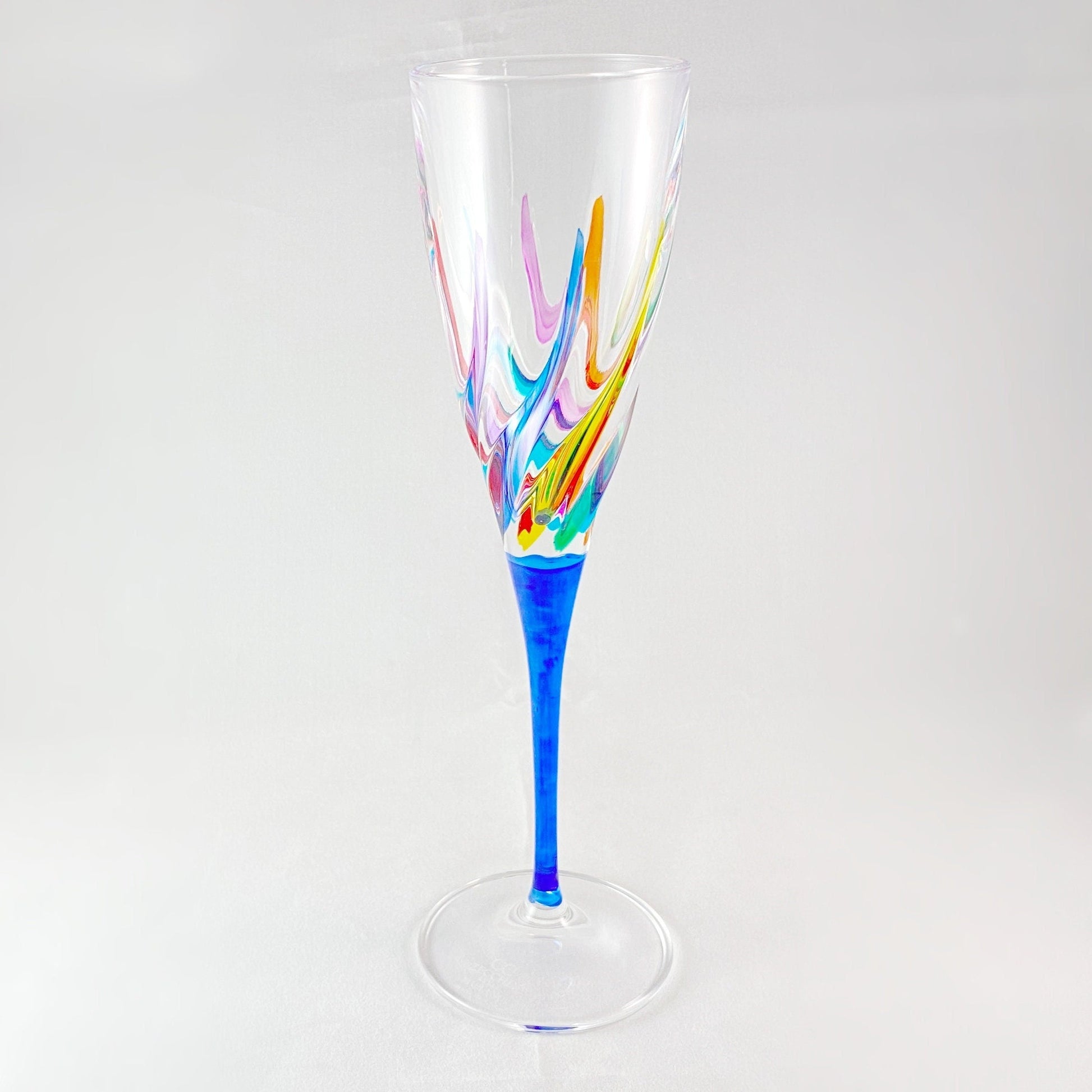 Blue Stem Trix Venetian Glass Champagne Flute  - Handmade in Italy, Colorful Murano Glass