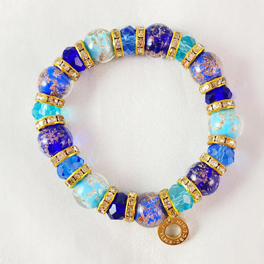 Blue Tones Beaded Venetian Glass Bracelet - Handmade in Italy, Colorful Murano Glass