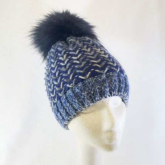 Blue Winter Beanie With Pompom - Made From Italian Wool, Acrylic Yarn, and Faux Fur