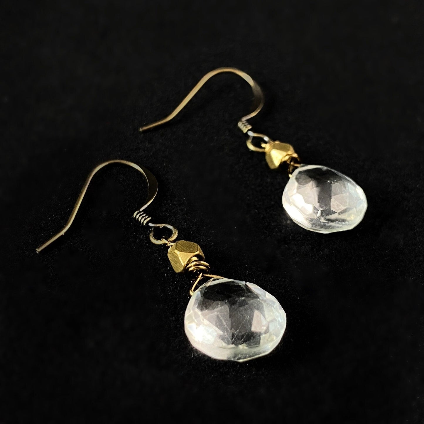 Boho Clear Quartz Droplet Earrings with Brass Bead Accent
