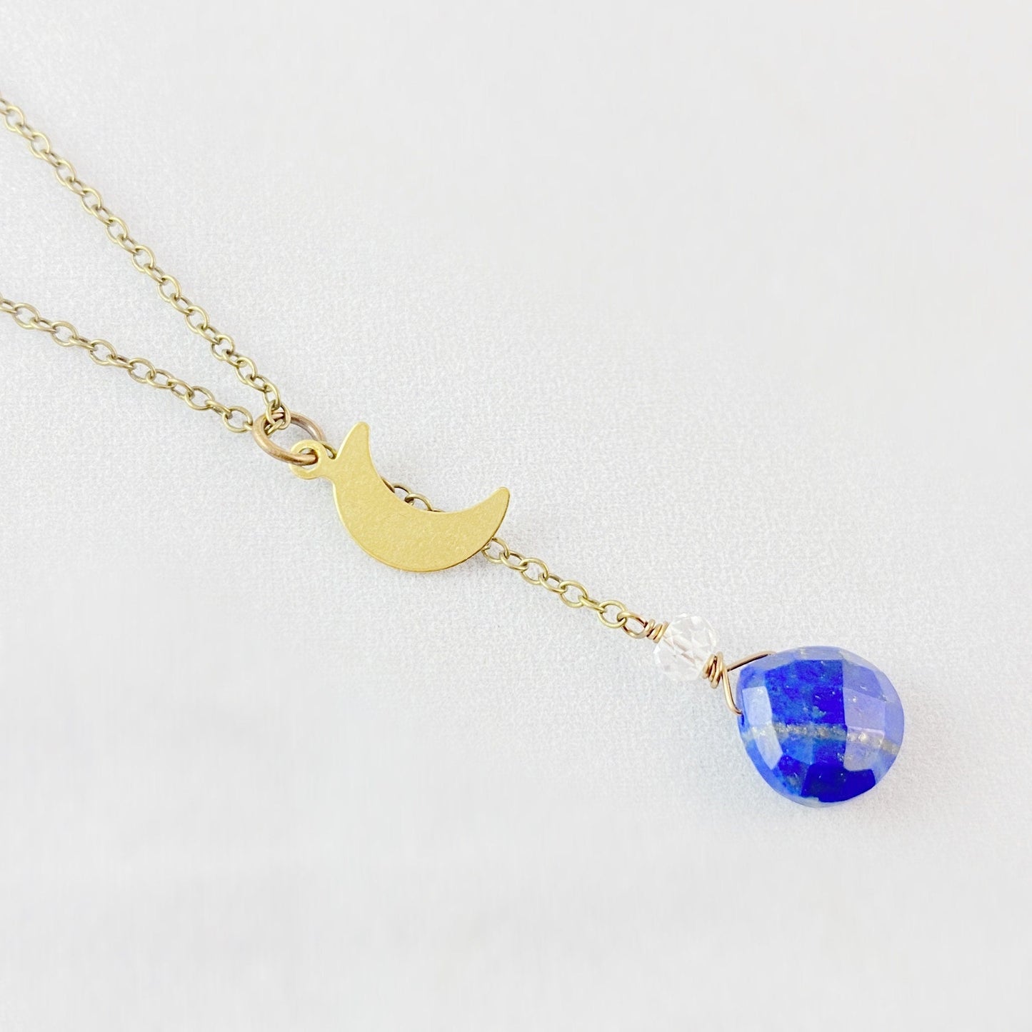 Boho Lapis and Clear Quartz Moon Charm Necklace