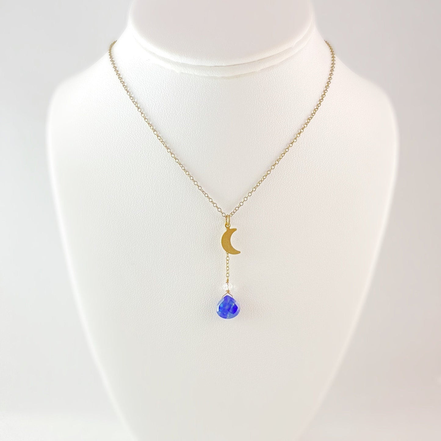 Boho Lapis and Clear Quartz Moon Charm Necklace
