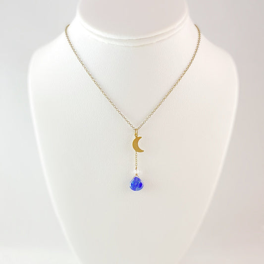 Boho Lapis and Clear Quartz Moon Charm Necklace
