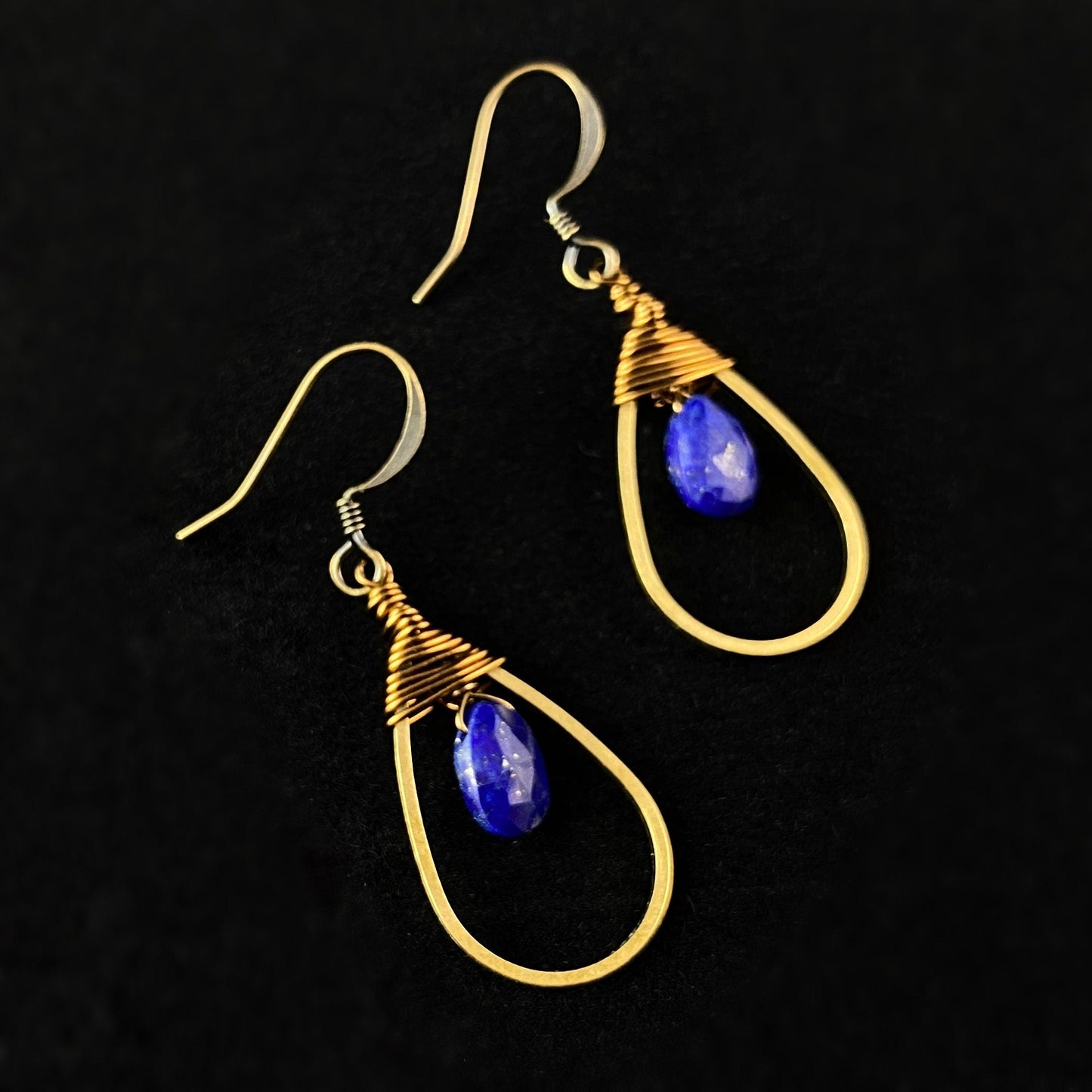 Boho Lapis Wire Wrapped Teardrop Earrings