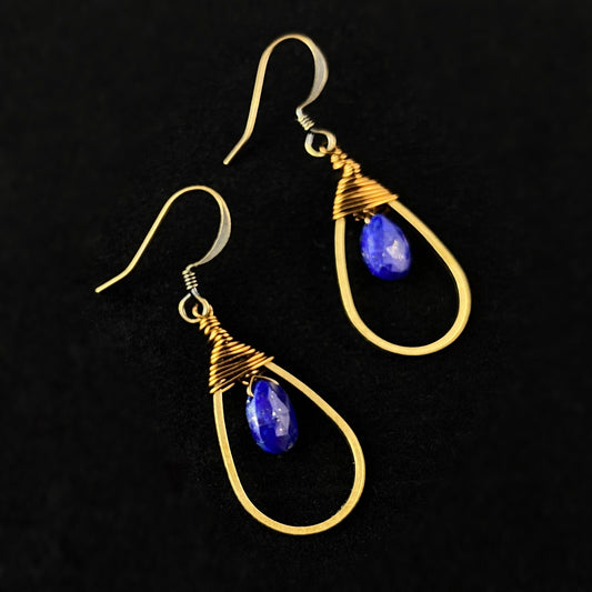 Boho Lapis Wire Wrapped Teardrop Earrings