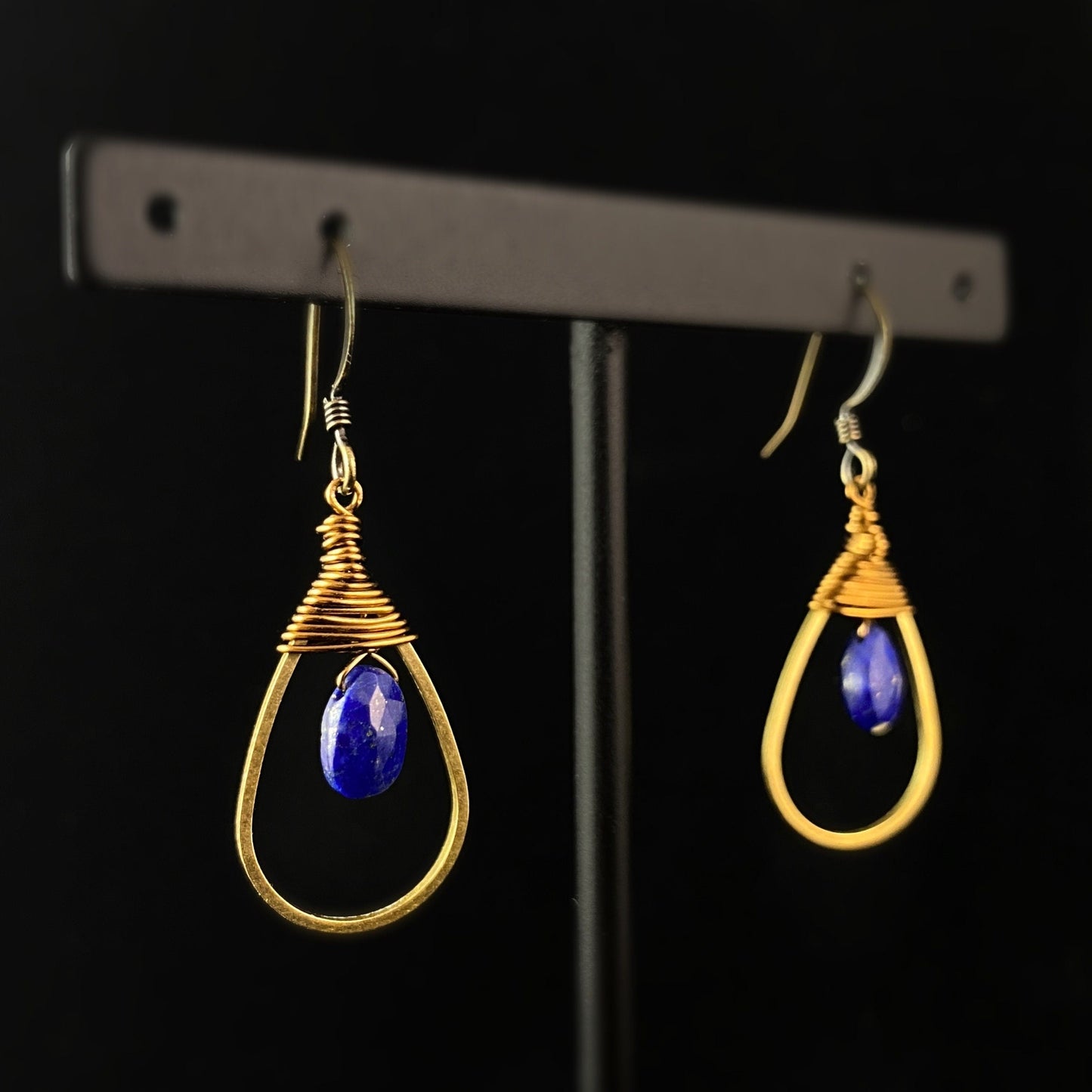 Boho Lapis Wire Wrapped Teardrop Earrings