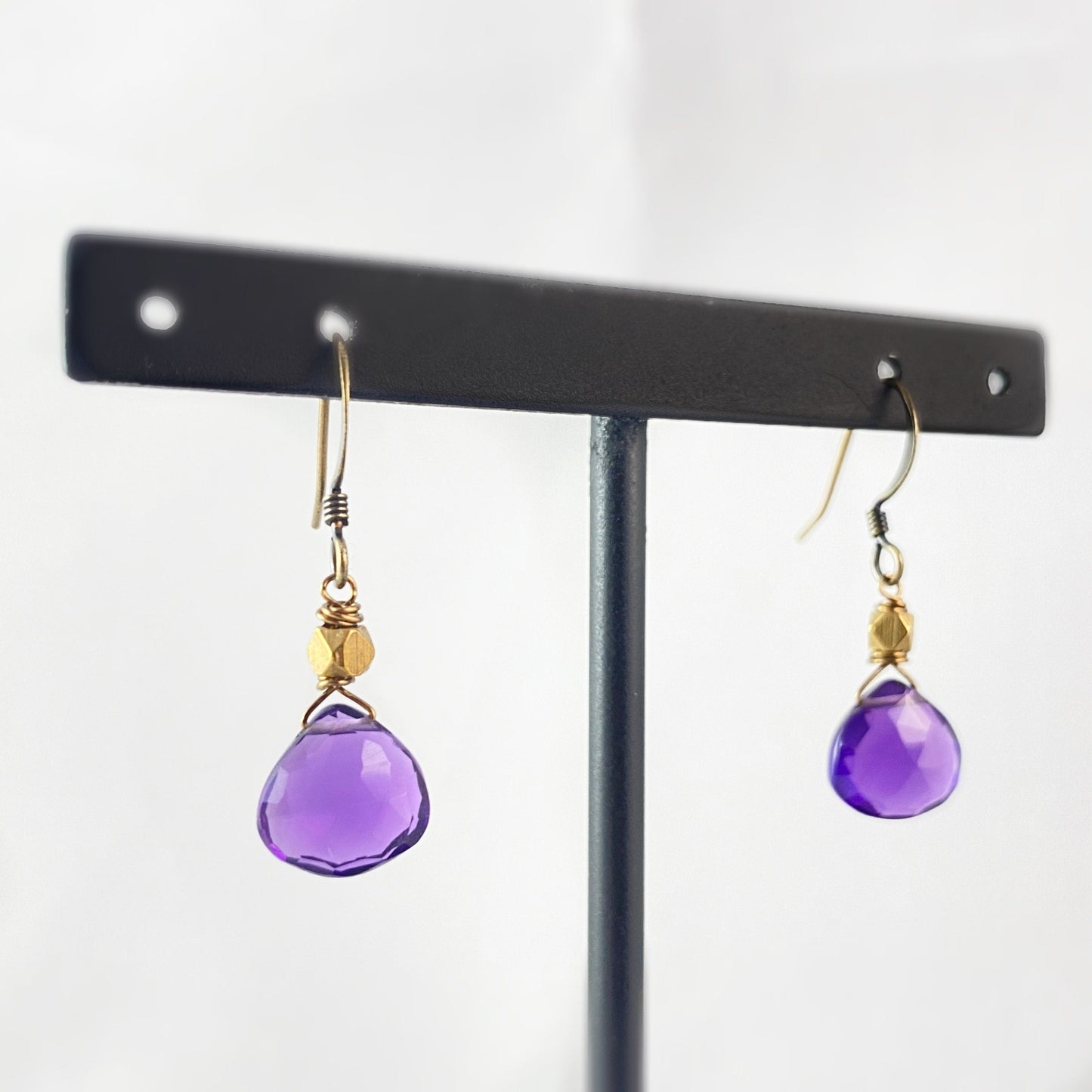 Boho Purple Quartz Droplet Earrings with Brass Bead Accent