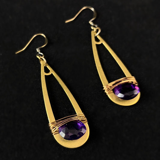 Boho Purple Quartz Wire Wrapped Elongated Teardrop Earrings