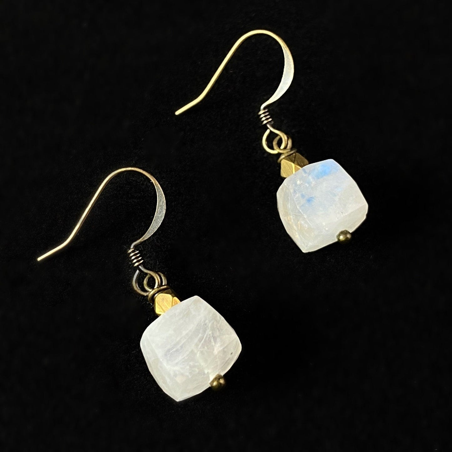 Boho Rainbow Moonstone Cube with Brass Bead Accent Earrings