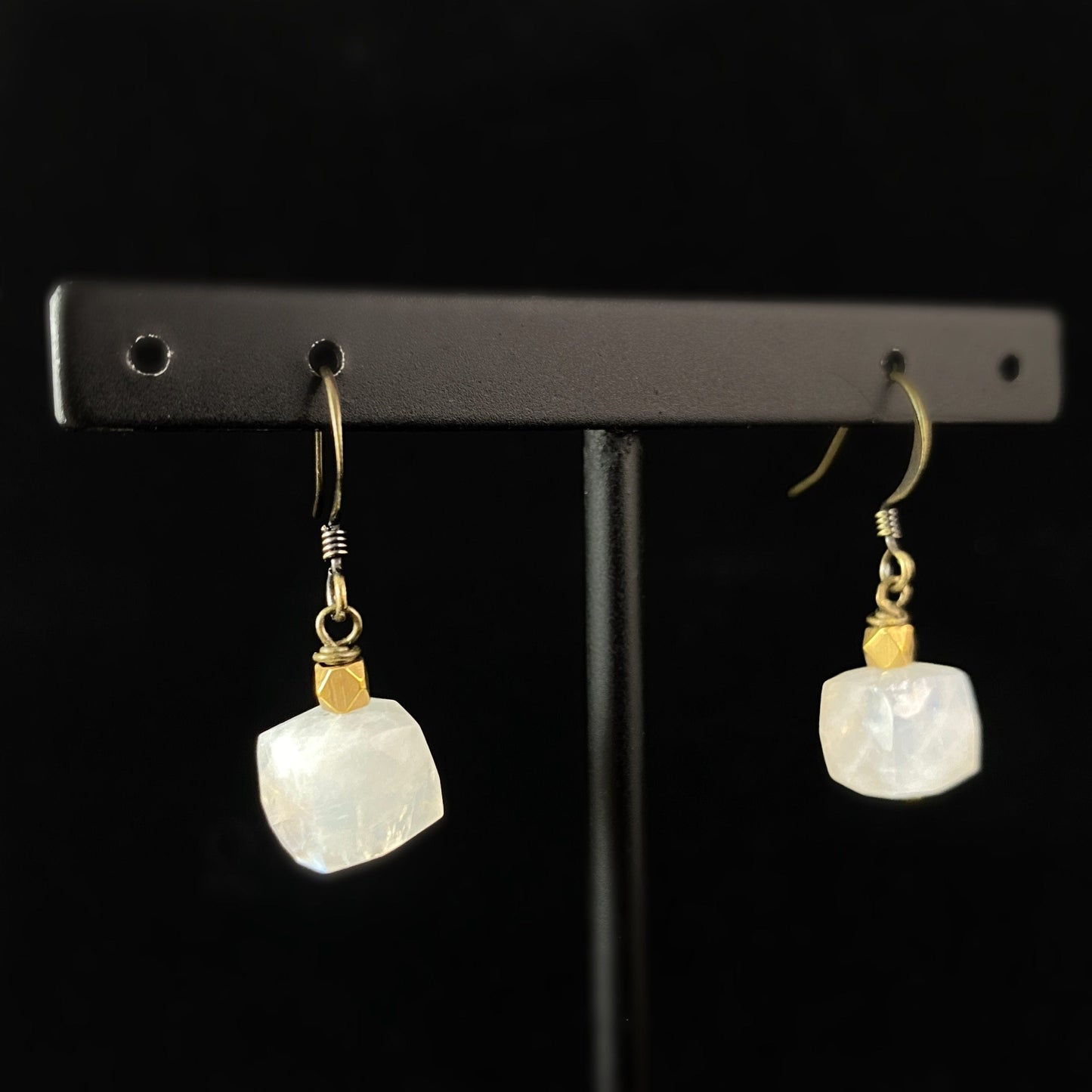 Boho Rainbow Moonstone Cube with Brass Bead Accent Earrings