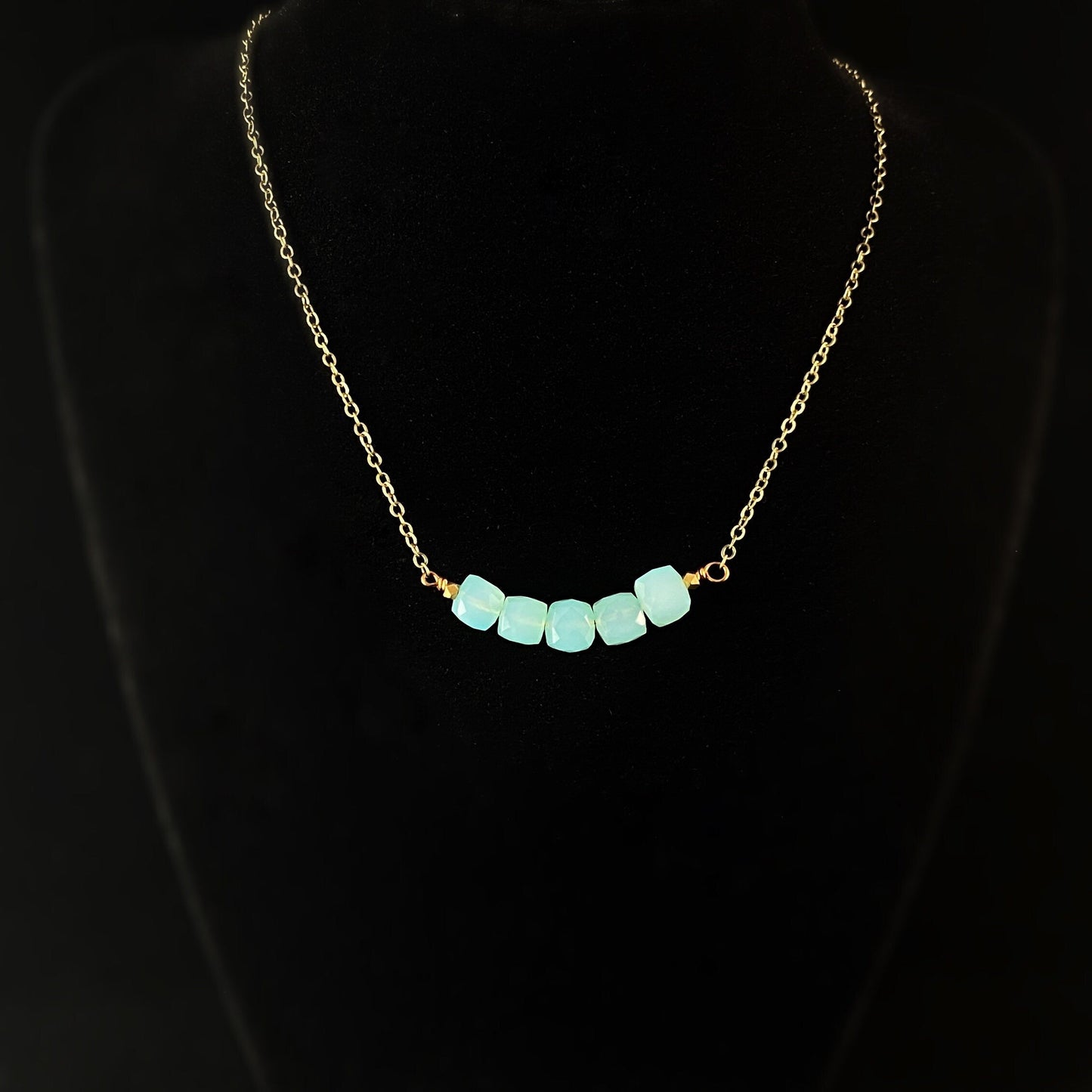 Boho Seafoam Green Chalcedony Cube Arc Necklace