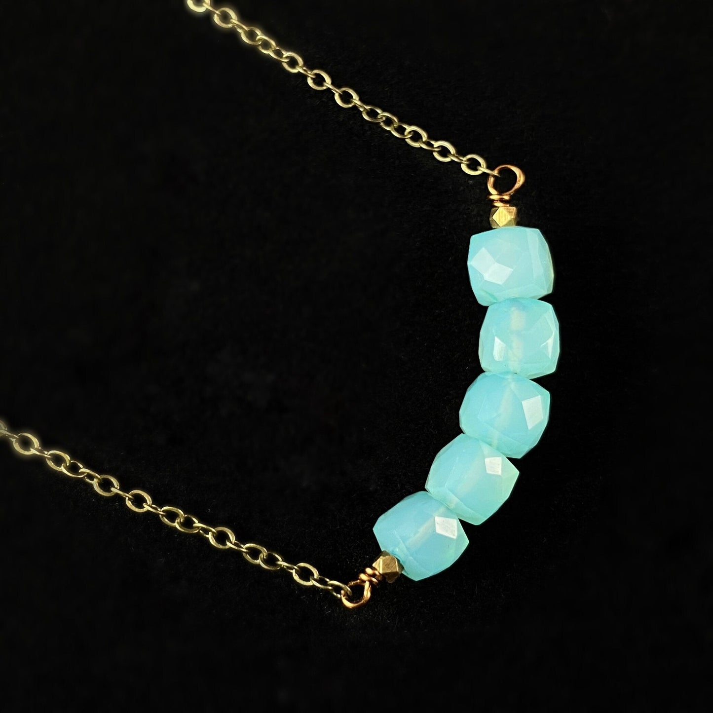 Boho Seafoam Green Chalcedony Cube Arc Necklace
