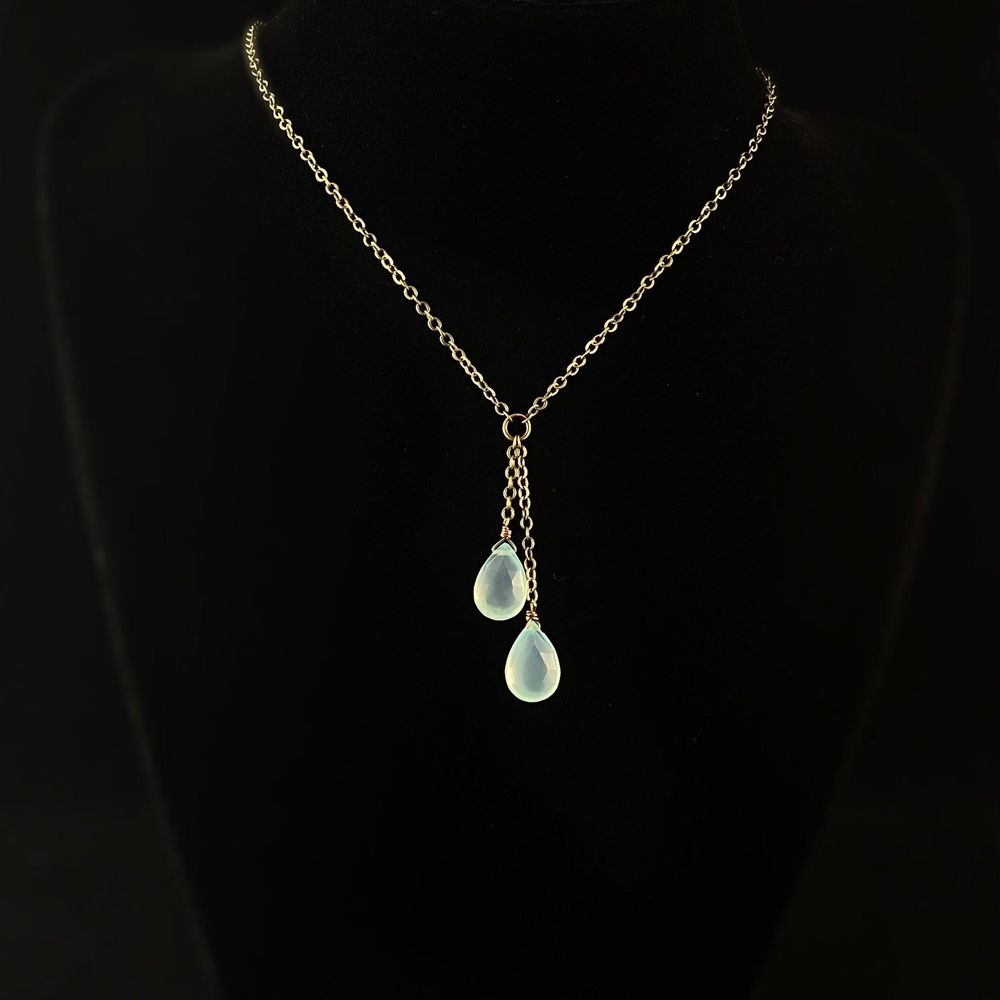 Boho Seafoam Green Chalcedony Double Teardrop Necklace