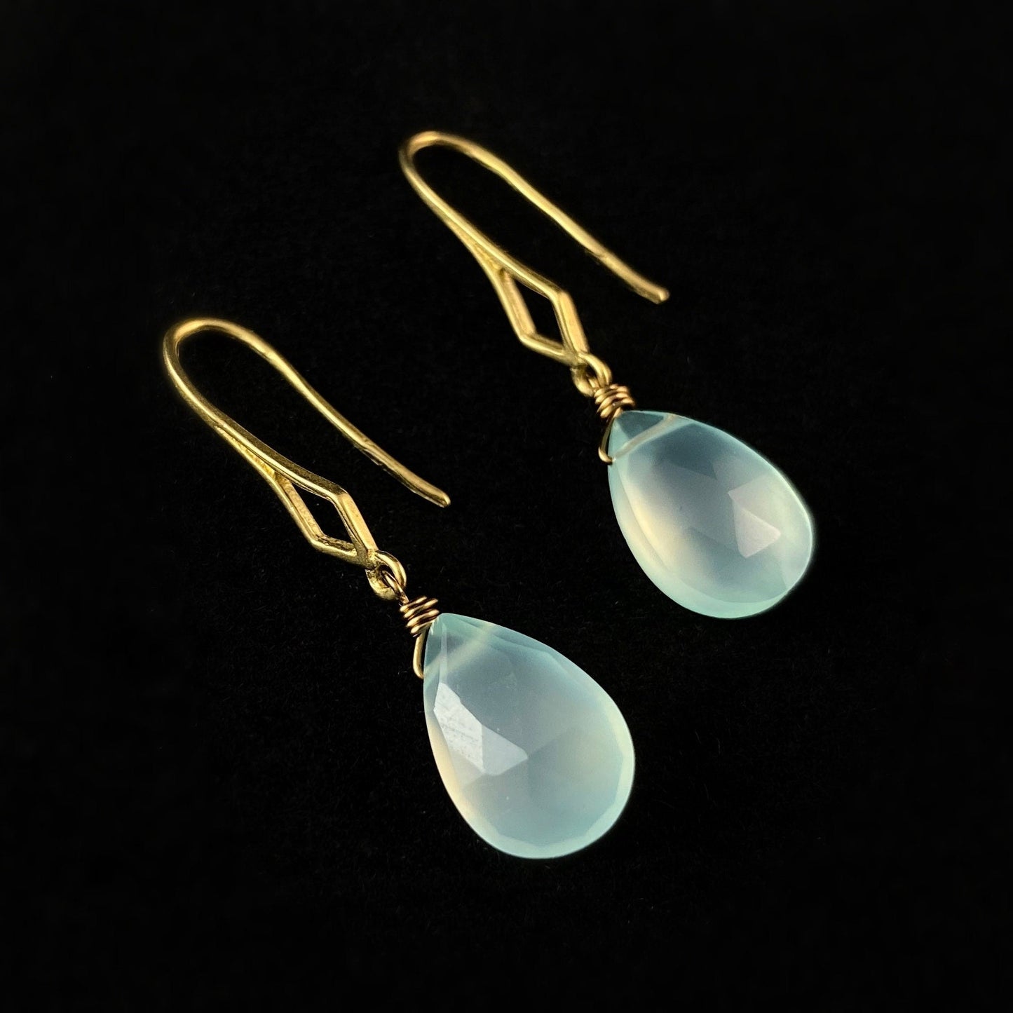 Boho Seafoam Green Chalcedony Earrings with Diamond Ear Wire Detail