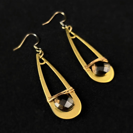 Boho Smoky Quartz Wire Wrapped Elongated Teardrop Earrings