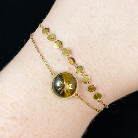 Brown & Orange Natural Stone Bracelet with Double Gold Chain Band and Sunburst Accent