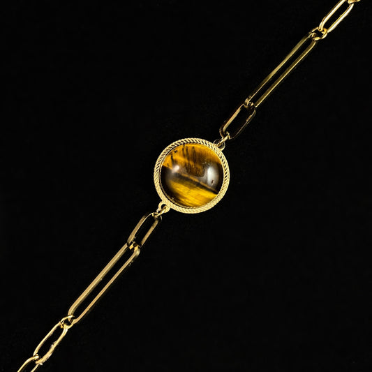 Brown & Orange Natural Stone Bracelet with Gold Chain Band and Circular Stone