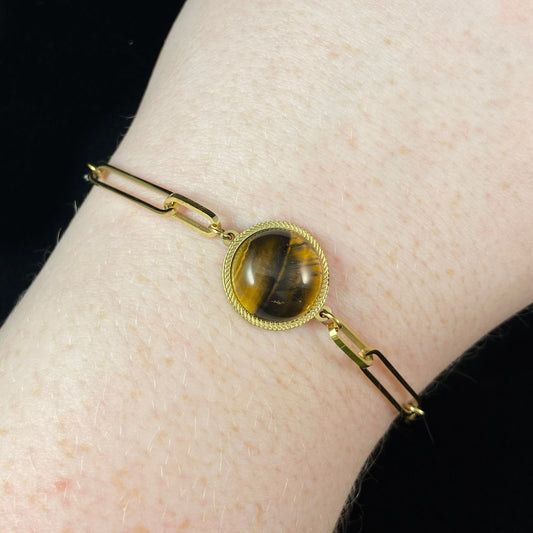 Brown & Orange Natural Stone Bracelet with Gold Chain Band and Circular Stone