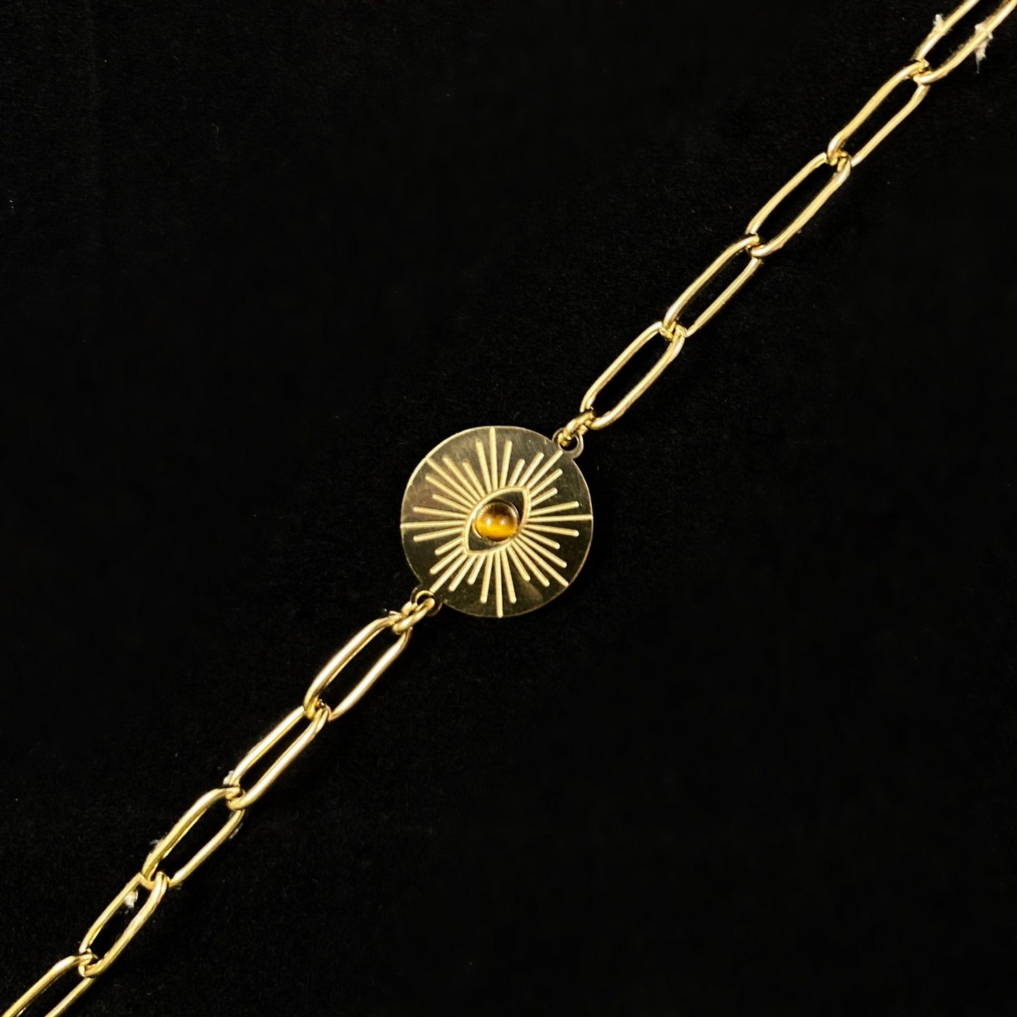 Brown & Orange Natural Stone Bracelet with Gold Chain Band and Eye-Shaped Stone
