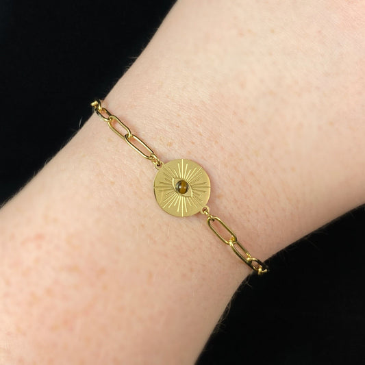 Brown & Orange Natural Stone Bracelet with Gold Chain Band and Eye-Shaped Stone