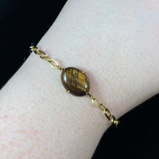 Brown & Orange Natural Stone Bracelet with Gold Chain Band and Oval Stone