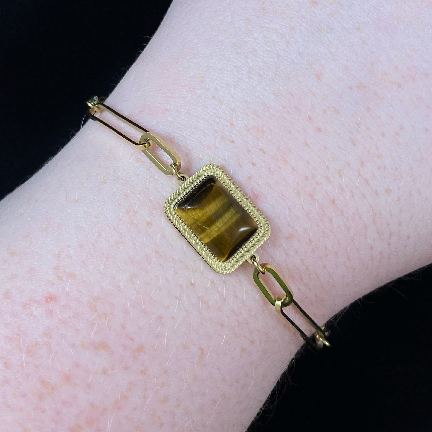 Brown & Orange Natural Stone Bracelet with Gold Chain Band and Rectangle Stone