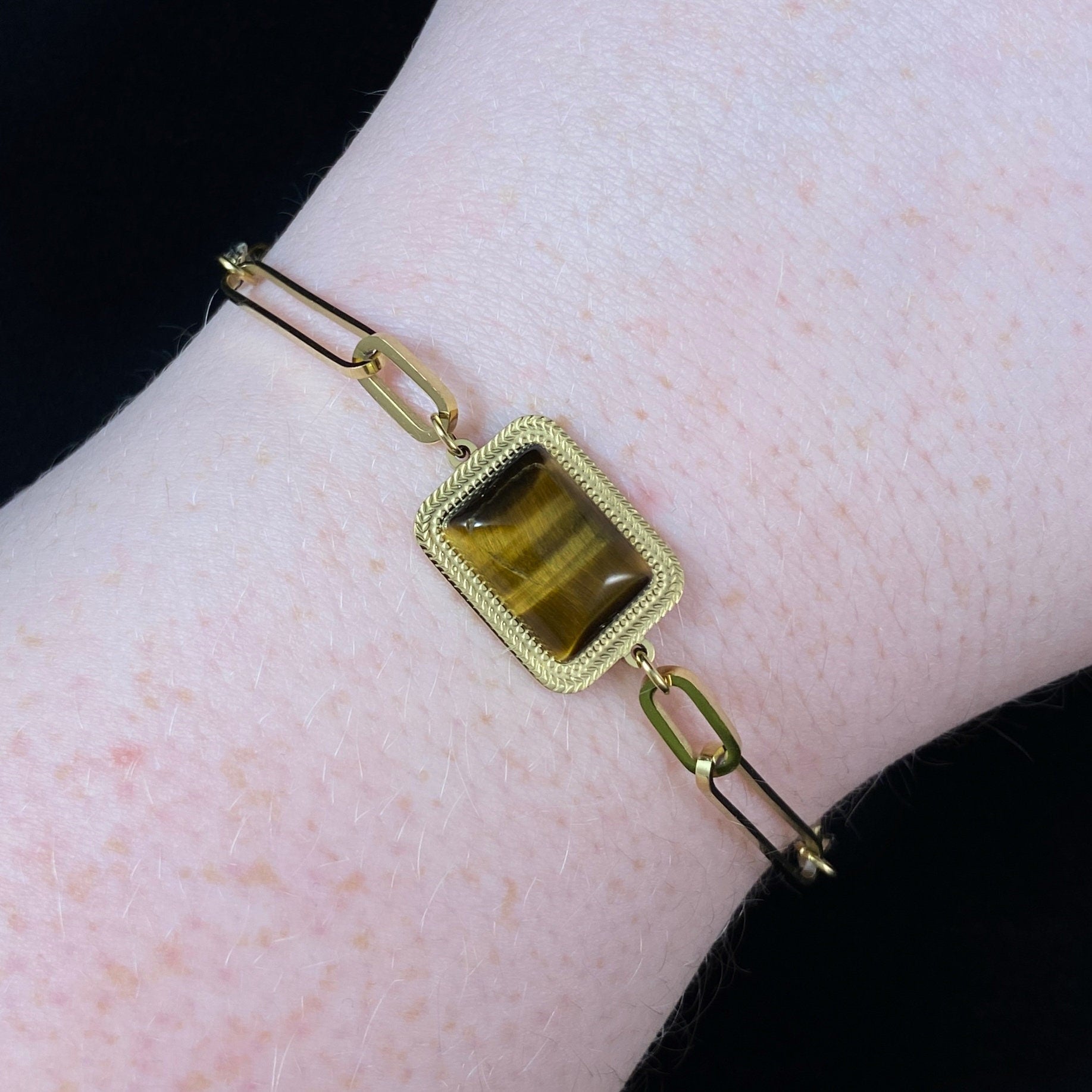 Brown & Orange Natural Stone Bracelet with Gold Chain Band and Rectangle Stone