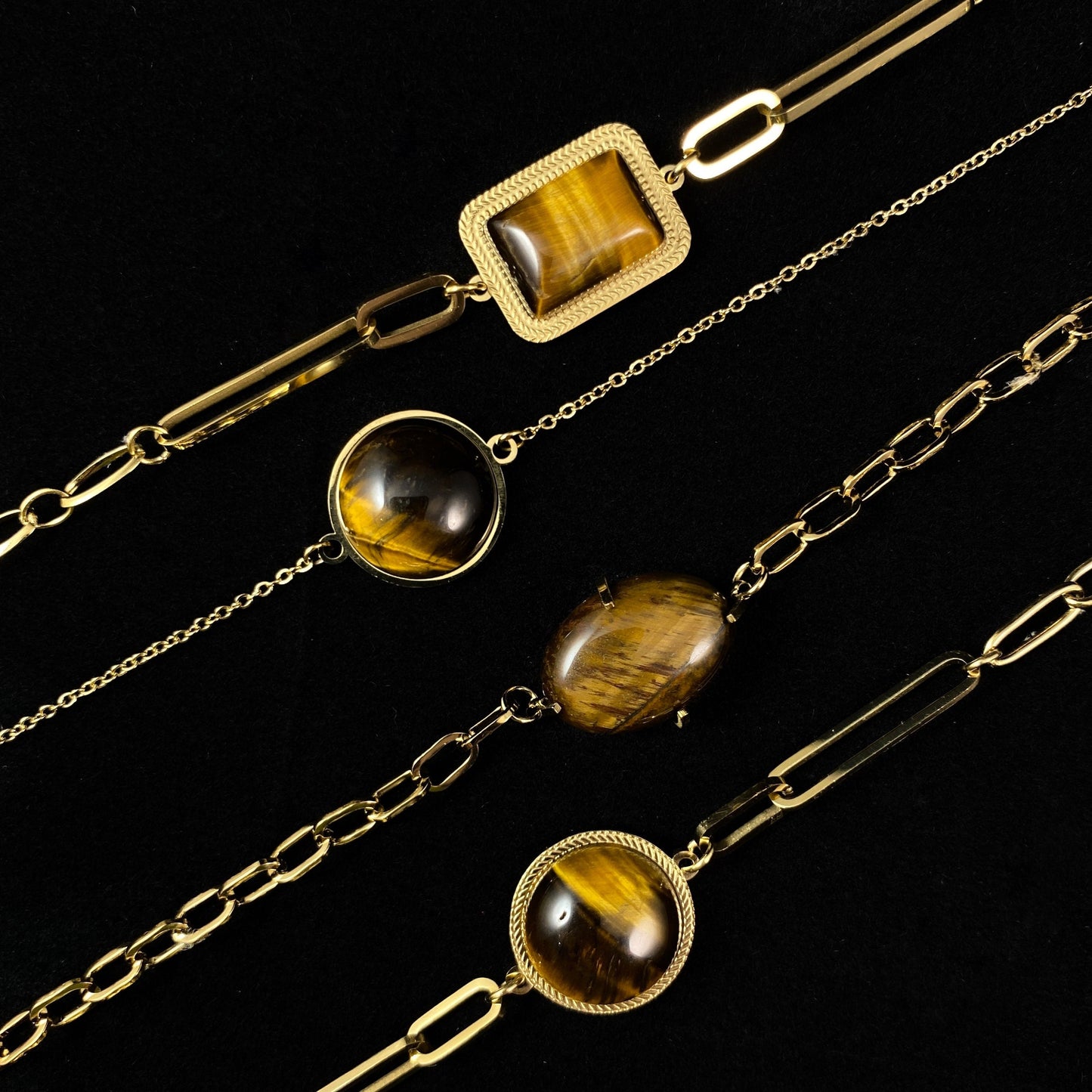 Brown & Orange Natural Stone Bracelet with Tiny Gold Chain Band and Circular Stone