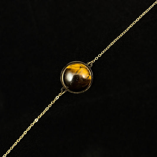 Brown & Orange Natural Stone Bracelet with Tiny Gold Chain Band and Circular Stone
