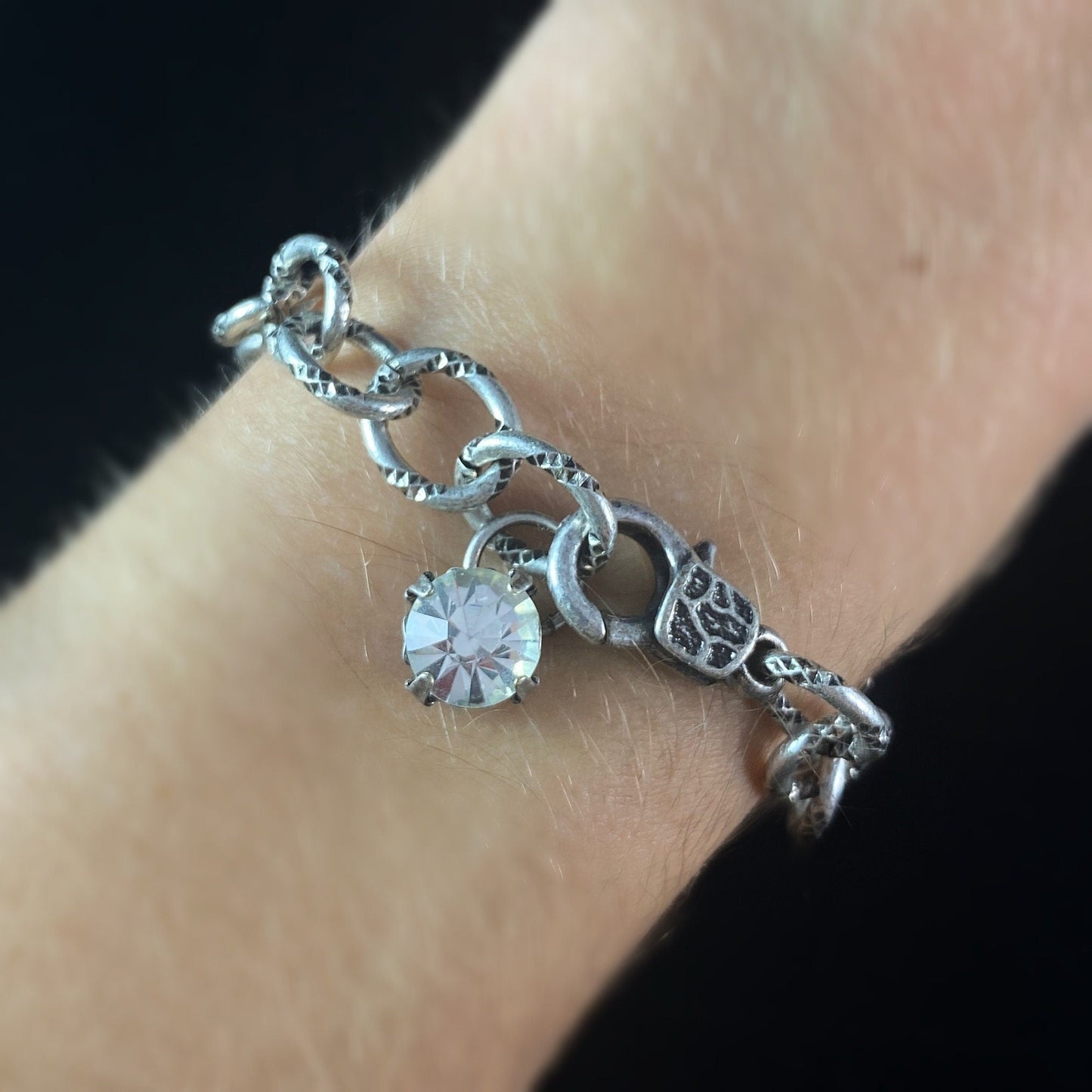 Burnished Silver Chain Link Bracelet With Clear Swarovski Crystal Accent- VBC