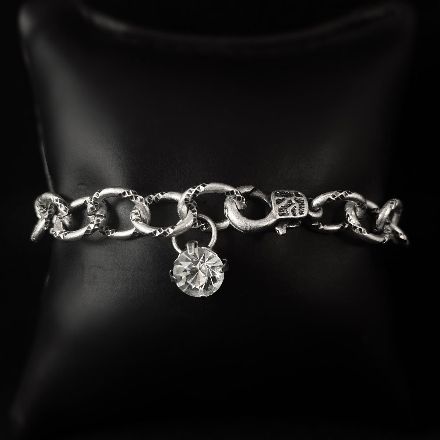 Burnished Silver Chain Link Bracelet With Clear Swarovski Crystal Accent- VBC