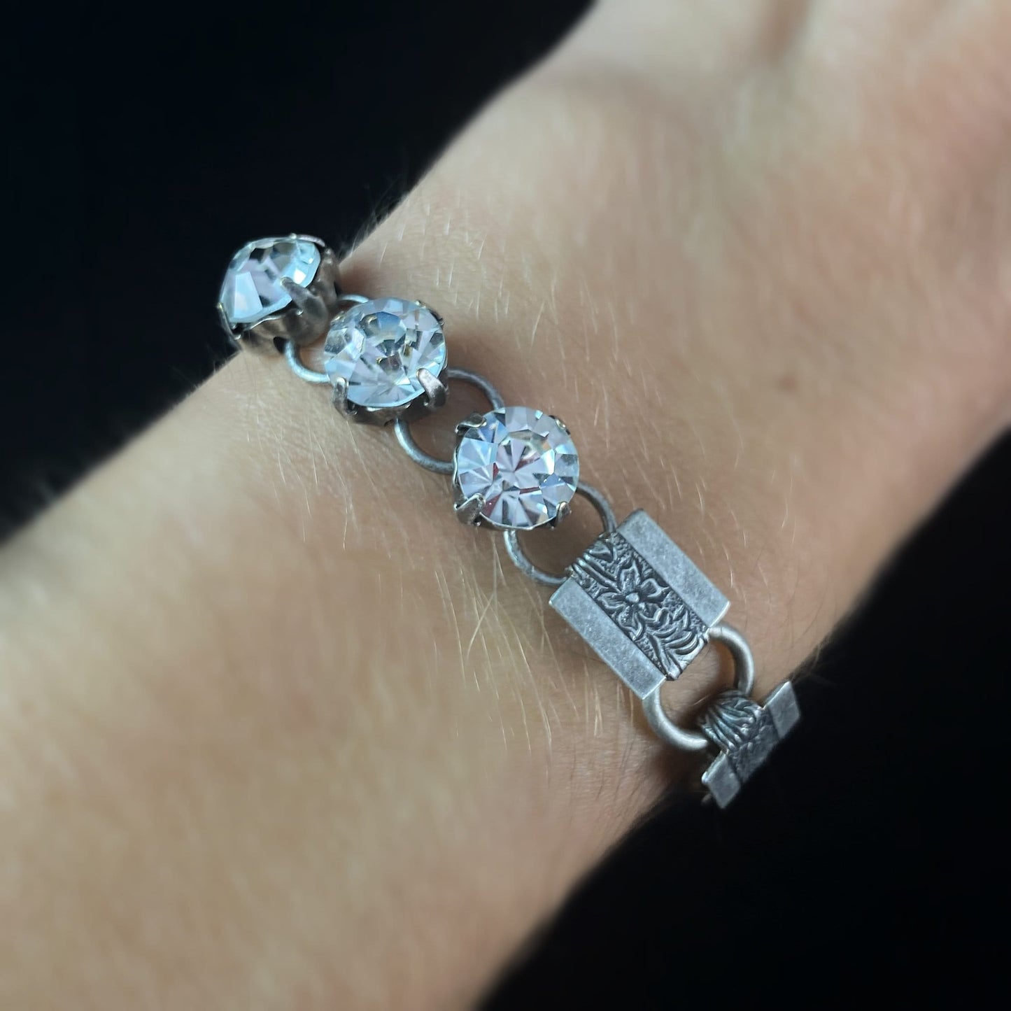 Burnished Silver Link and Chain Clear Swarovski Crystal Bracelet - VBC