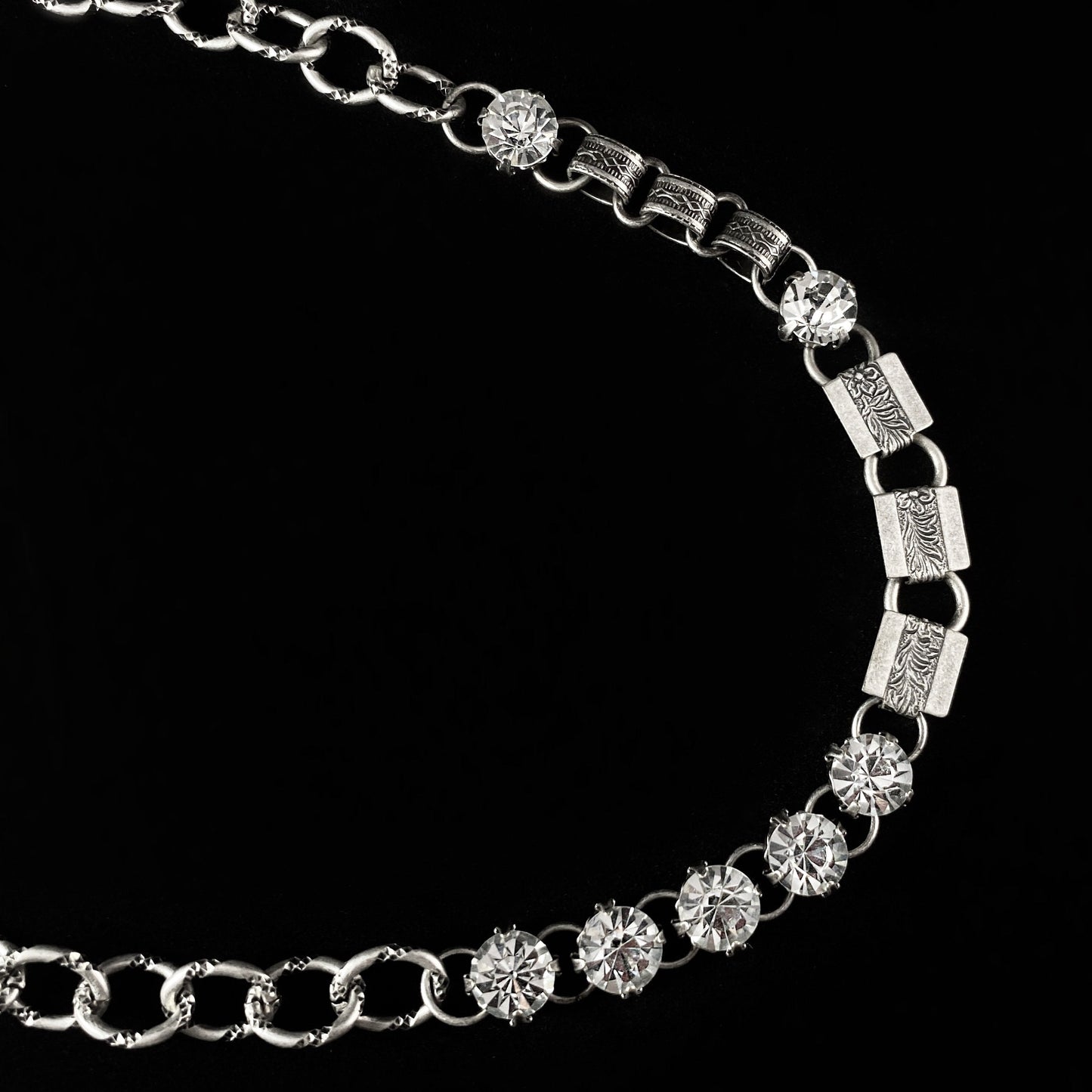 Burnished Silver Link and Chain Clear Swarovski Crystal Necklace - VBC