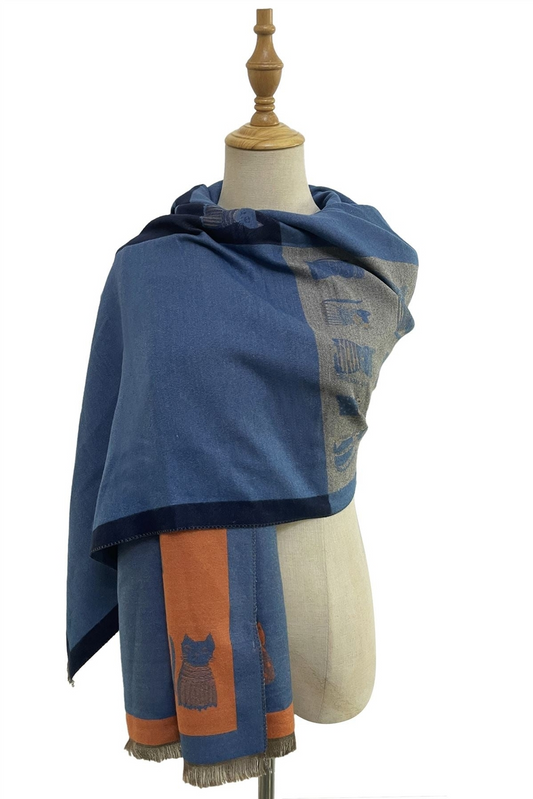 Colorblock Cat Print Reversible Frayed Scarf